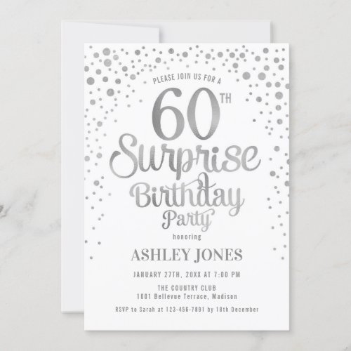 Surprise 60th Birthday Party _ Silver  White Invitation