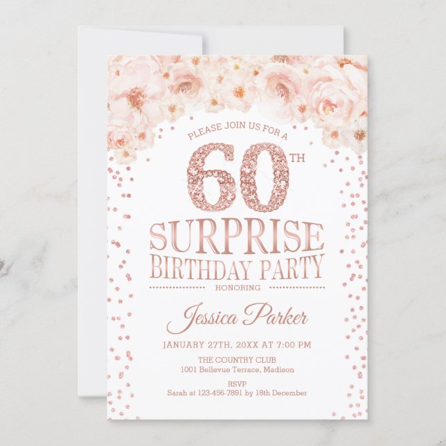Surprise 60th Birthday Party - White Rose Gold Invitation (Front)