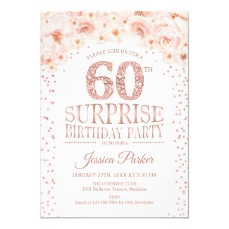 Surprise 60th Birthday Party - White Rose Gold Invitation