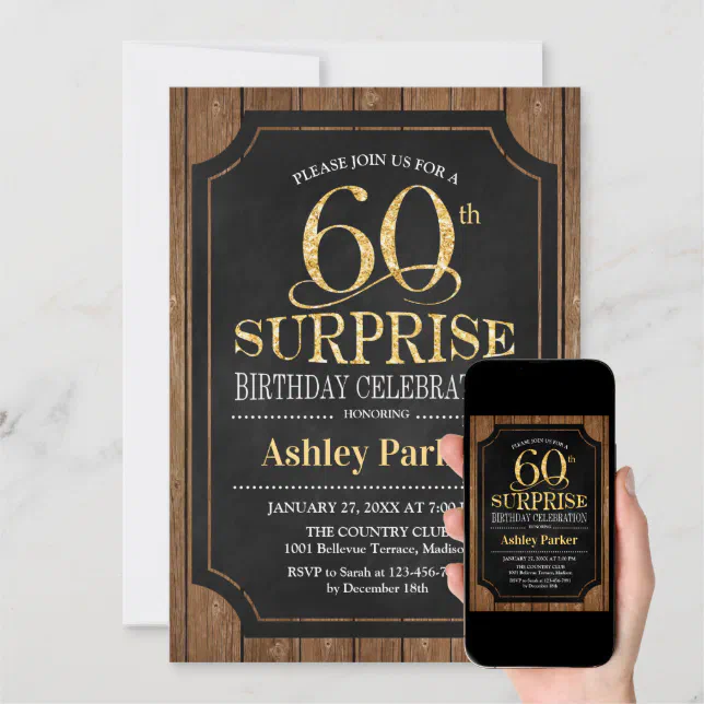 Surprise 60th Birthday Party - Wood Gold Invitation | Zazzle