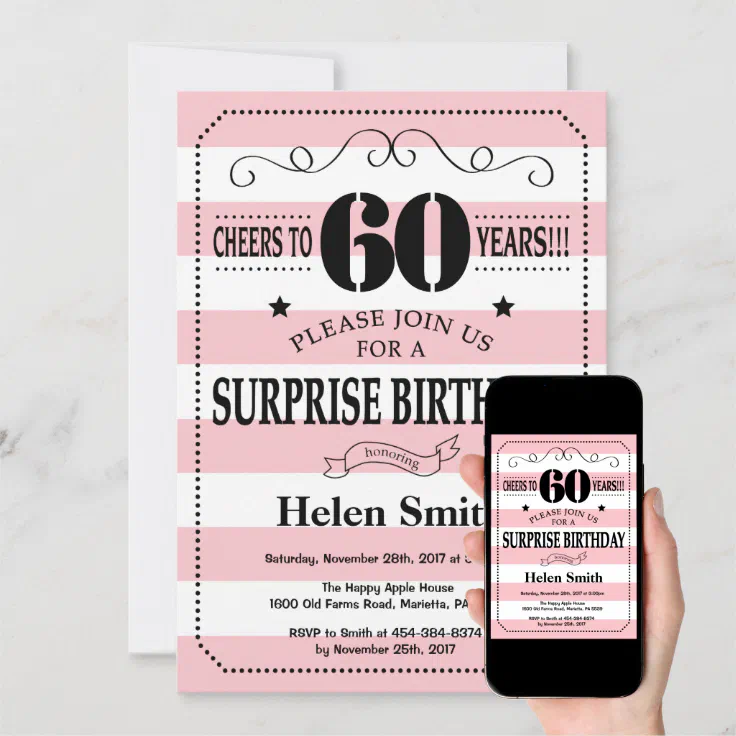 Surprise 60th Birthday Pink and White Stripes Invitation | Zazzle