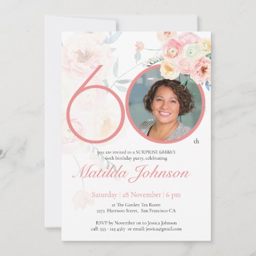 Surprise 60th Birthday Pink Floral Custom Photo Invitation