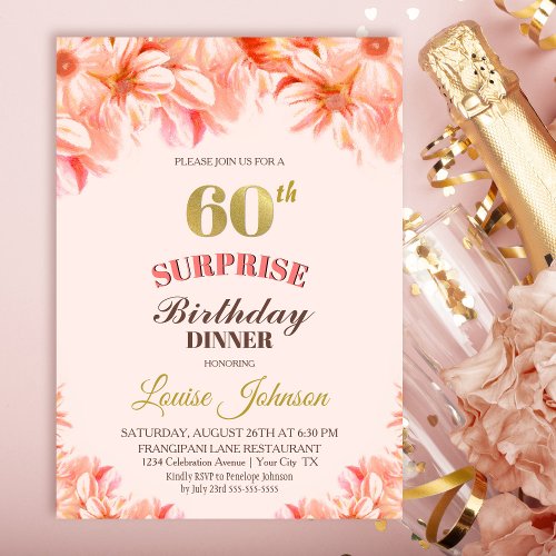 Surprise 60th Birthday Pink Gold Floral Dinner Invitation
