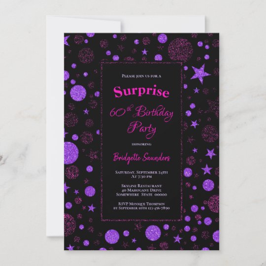 Surprise 60th Birthday Purple And Black Party Invitation | Zazzle.com