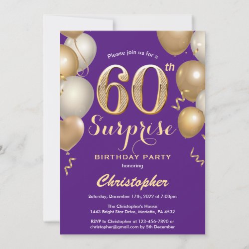 Surprise 60th Birthday Purple and Gold Balloons Invitation