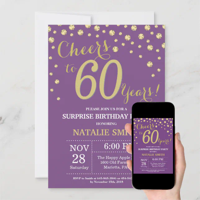 Surprise 60th Birthday Purple and Gold Diamond Invitation | Zazzle