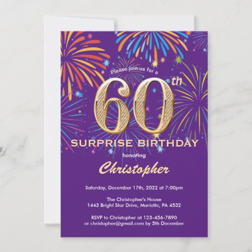 Surprise 60th Birthday Purple and Gold Firework Invitation
