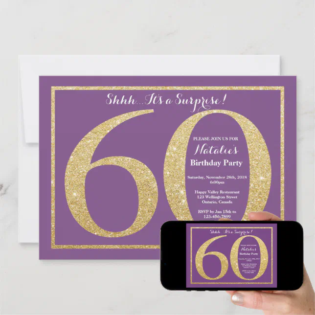 Surprise 60th Birthday Purple and Gold Glitter Invitation | Zazzle