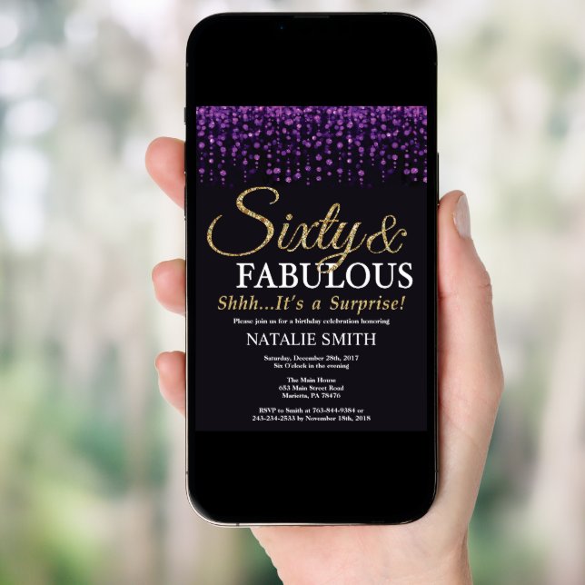 Surprise 60th Birthday Purple and Gold Glitter Invitation (Front Digital)
