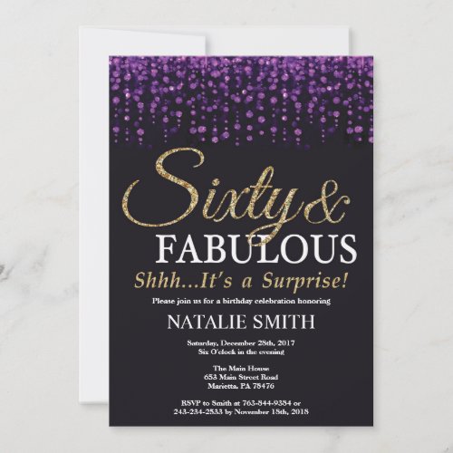 Surprise 60th Birthday Purple and Gold Glitter Invitation