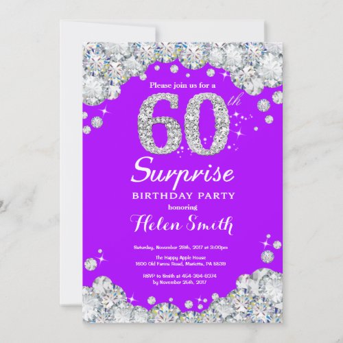 Surprise 60th Birthday Purple and Silver Diamond Invitation