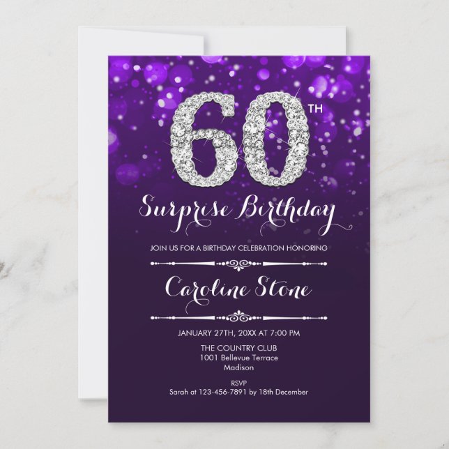 Surprise 60th Birthday - Purple Silver Invitation (Front)