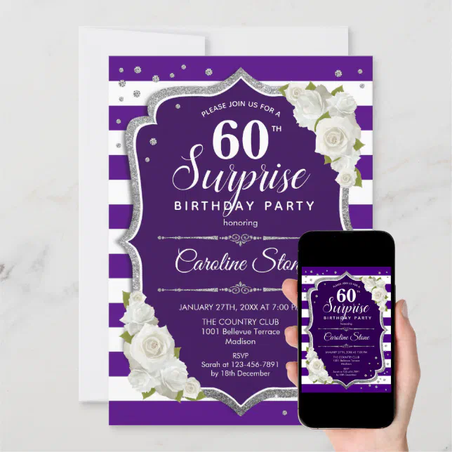 Surprise 60th Birthday - Purple Silver White Invitation | Zazzle