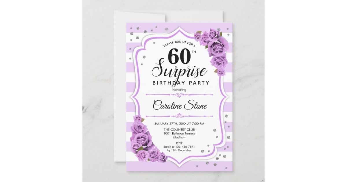 Surprise 60th Birthday - Purple White Invitation | Zazzle