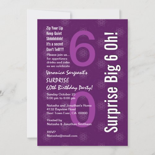 SURPRISE 60th Birthday Purple White Stars H352 Invitation