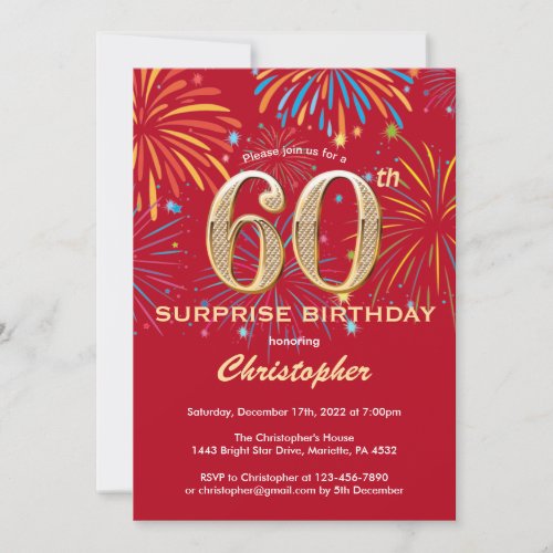 Surprise 60th Birthday Red  Gold Rainbow Firework Invitation