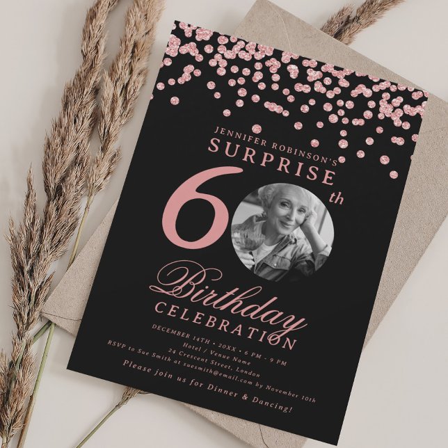 SURPRISE 60th Birthday Rose Gold Confetti Black Invitation (SURPRISE 60th Birthday Rose Gold Confetti Black Invitation)