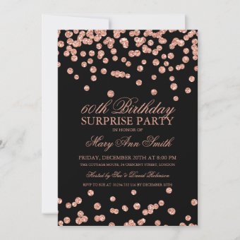 Surprise 60th Birthday Rose Gold Glitter Confetti Invitation | Zazzle