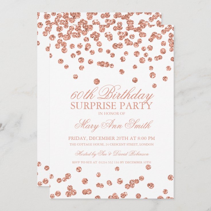 Surprise 60th Birthday Rose Gold Glitter White Invitation | Zazzle