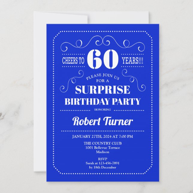 Surprise 60th Birthday - Royal Blue Invitation (Front)