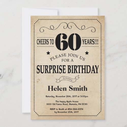 Surprise 60th Birthday Rustic Vintage Retro Invitation
