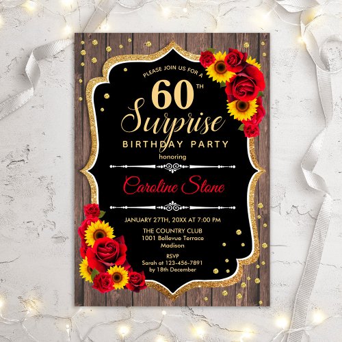 Surprise 60th Birthday _ Rustic Wood Sunflowers Invitation