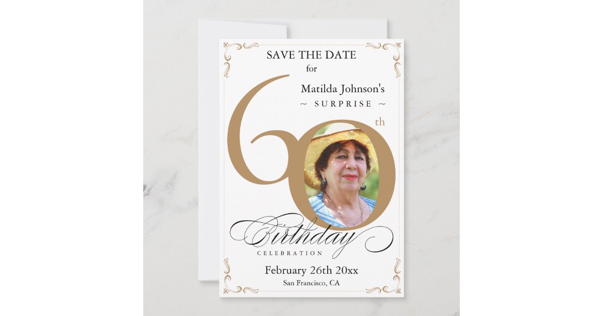 Surprise 60th Birthday Save The Date Elegant White Invitation | Zazzle