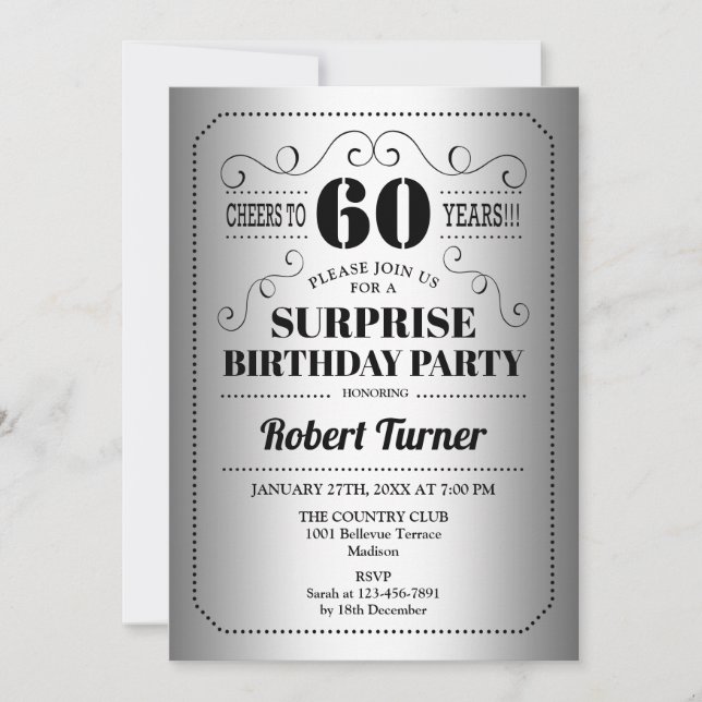 Surprise 60th Birthday - Silver Black Invitation (Front)
