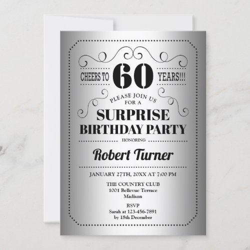 Surprise 60th Birthday _ Silver Black Invitation