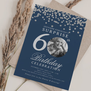 SURPRISE 60th Birthday Silver Confetti Navy Blue  Invitation