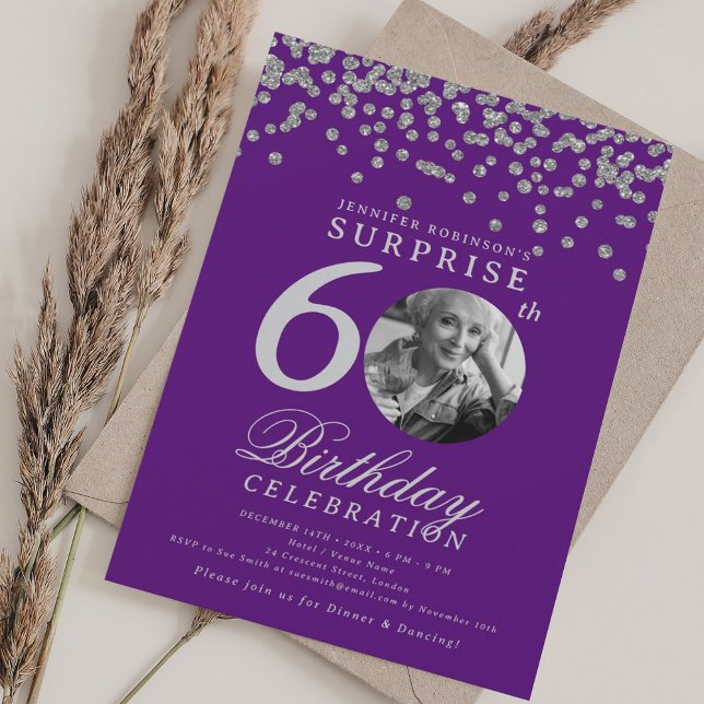SURPRISE 60th Birthday Silver Confetti Purple  Invitation (SURPRISE 60th Birthday Silver Confetti Purple Invitation)