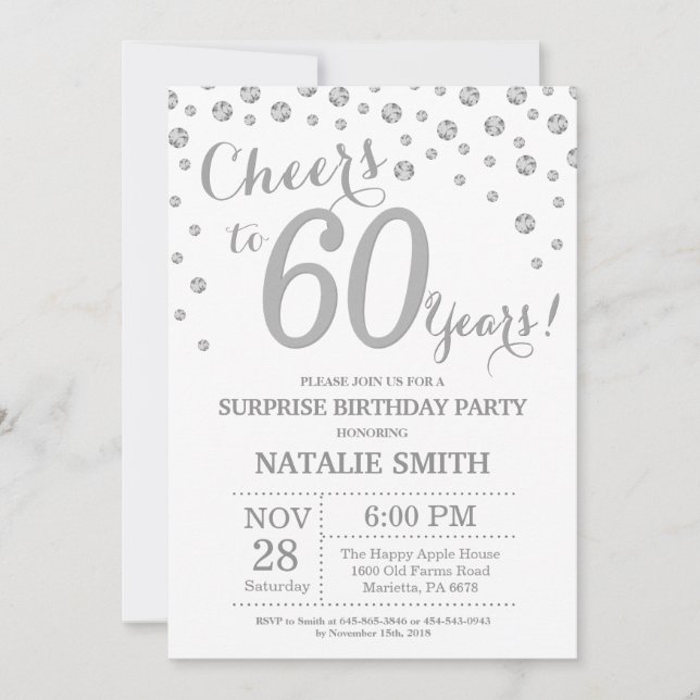 Surprise 60th Birthday Silver Glitter Diamond Invitation (Front)