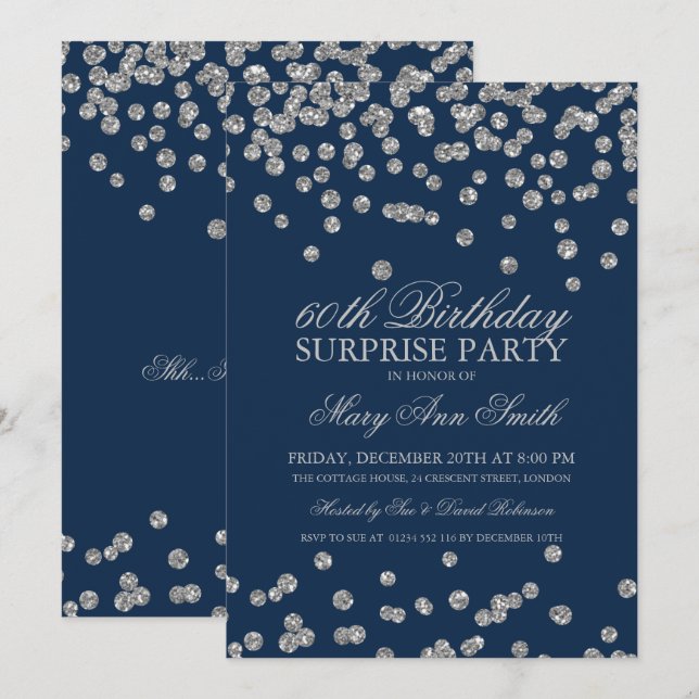 Surprise 60th Birthday Silver Glitter Navy Blue Invitation (Front/Back)