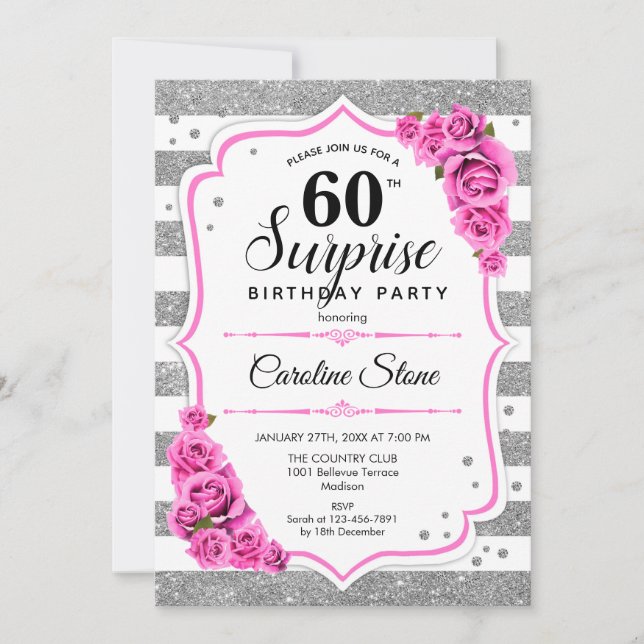 Surprise 60th Birthday - Silver White Pink Invitation (Front)