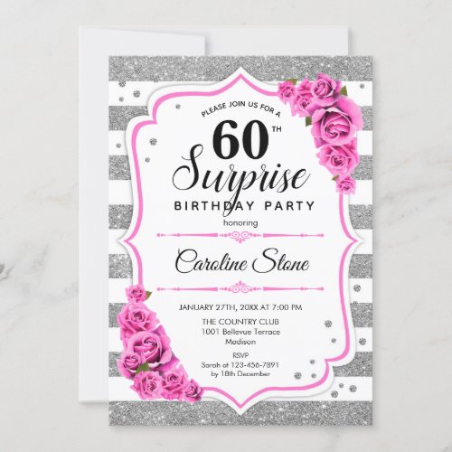 Surprise 60th Birthday _ Silver White Pink Invitation