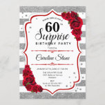 Surprise 60th Birthday - Silver White Red Invitation<br><div class="desc">Surprise 60th Birthday Invitation.
Feminine white,  red design with faux glitter silver. Features stripes,  red roses,  script font and confetti. Perfect for an elegant birthday party. Can be personalized to show any age. Message me if you need further customization.</div>