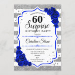 Surprise 60th Birthday - Silver White Royal Blue Invitation<br><div class="desc">Surprise 60th Birthday Invitation.
Feminine white,  royal blue design with faux glitter silver. Features stripes,  sapphire blue roses,  script font and confetti. Perfect for an elegant birthday party. Can be personalized to show any age. Message me if you need further customization.</div>