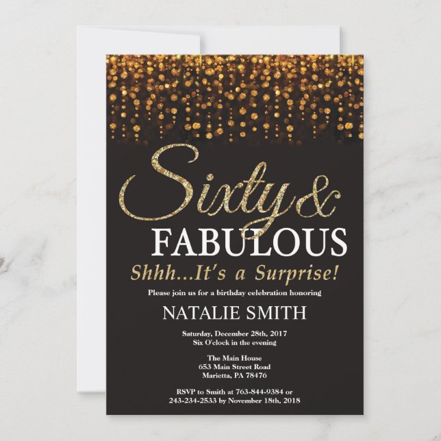 Surprise 60th Birthday Sixty and Fabulous Gold Invitation (Front)