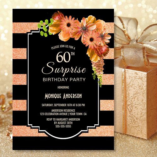 Surprise 60th Birthday Striped Coral Floral Invitation