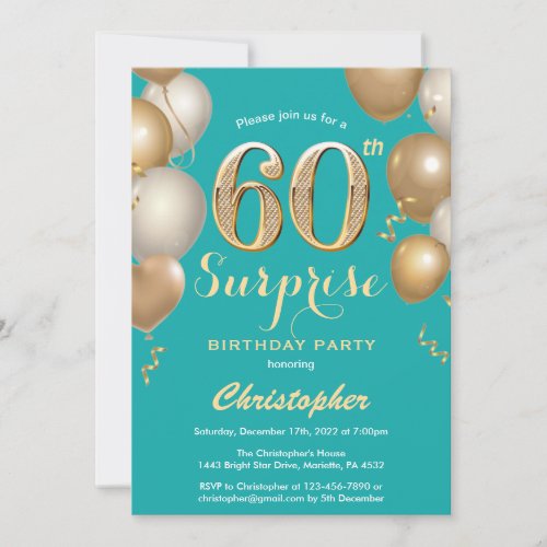 Surprise 60th Birthday Teal and Gold Balloons Invitation