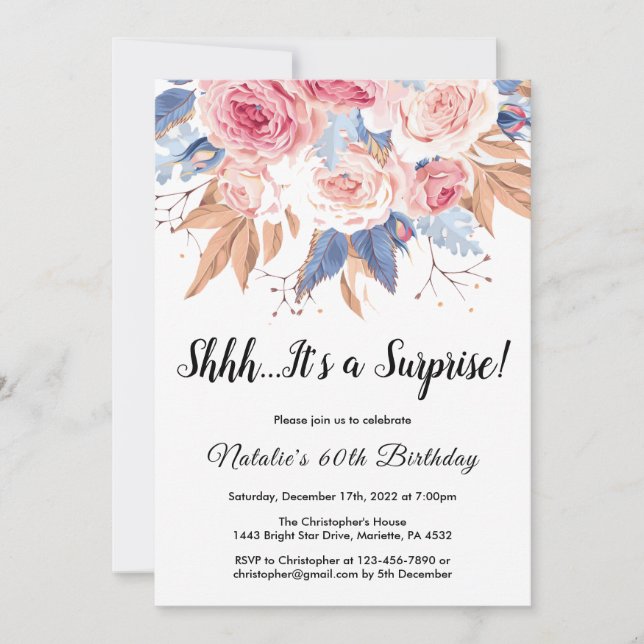 Surprise 60th Birthday Watercolor Botanical Floral Invitation (Front)