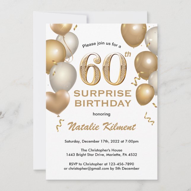 Surprise 60th Birthday White and Gold Balloons Invitation (Front)