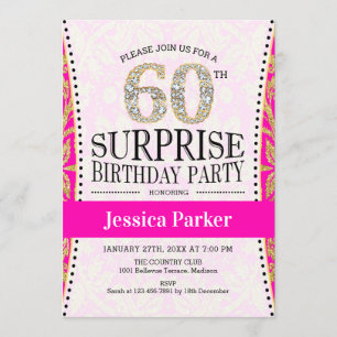 Surprise 60th Birthday - White Gold Pink Invitation