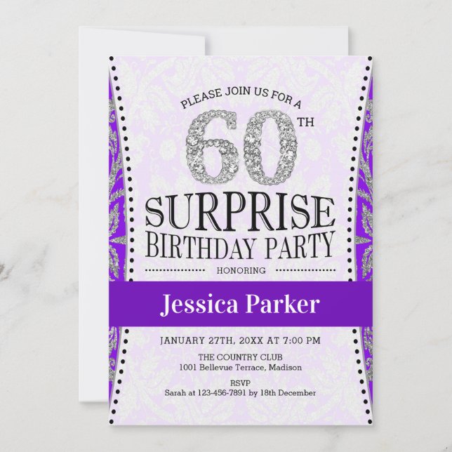 Surprise 60th Birthday - White Silver Purple Invitation (Front)