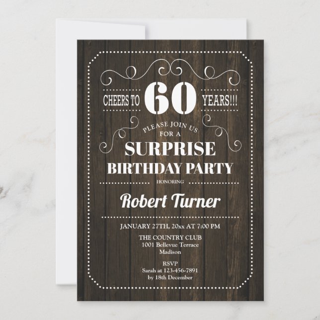 Surprise 60th Birthday - Wood Pattern Invitation (Front)