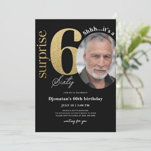 Surprise 60th Black Gold Birthday Invitation Photo