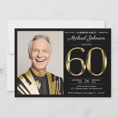 Surprise 60th Black Gold Text Photo Birthday Party Invitation