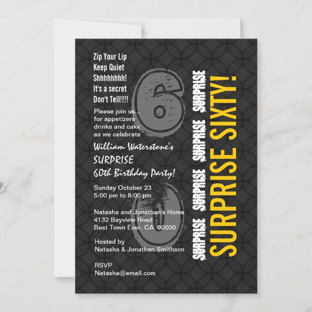 SURPRISE 60th Modern Birthday Charcoal Gold W206 Invitation (Front)
