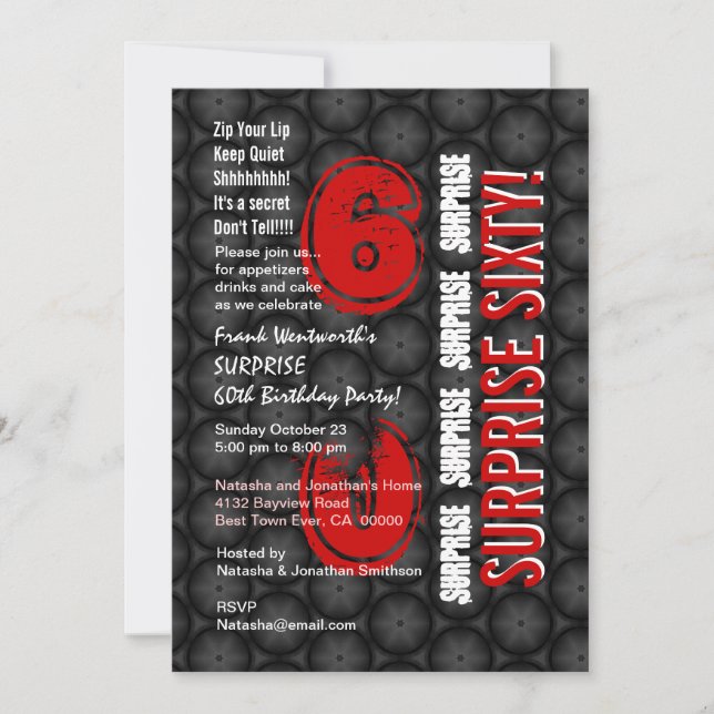 SURPRISE 60th Modern Birthday Red Black Circles Invitation (Front)