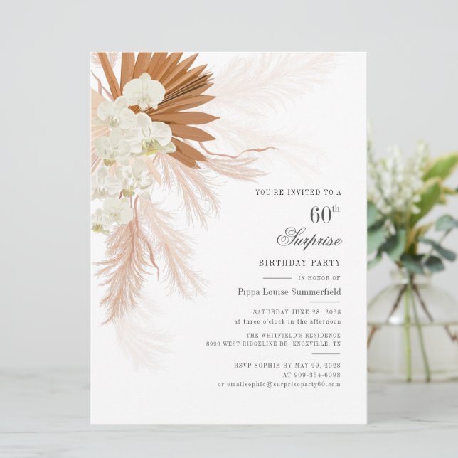 Surprise 60th Surprise Birthday Tropical Party Invitation (Standing Front)